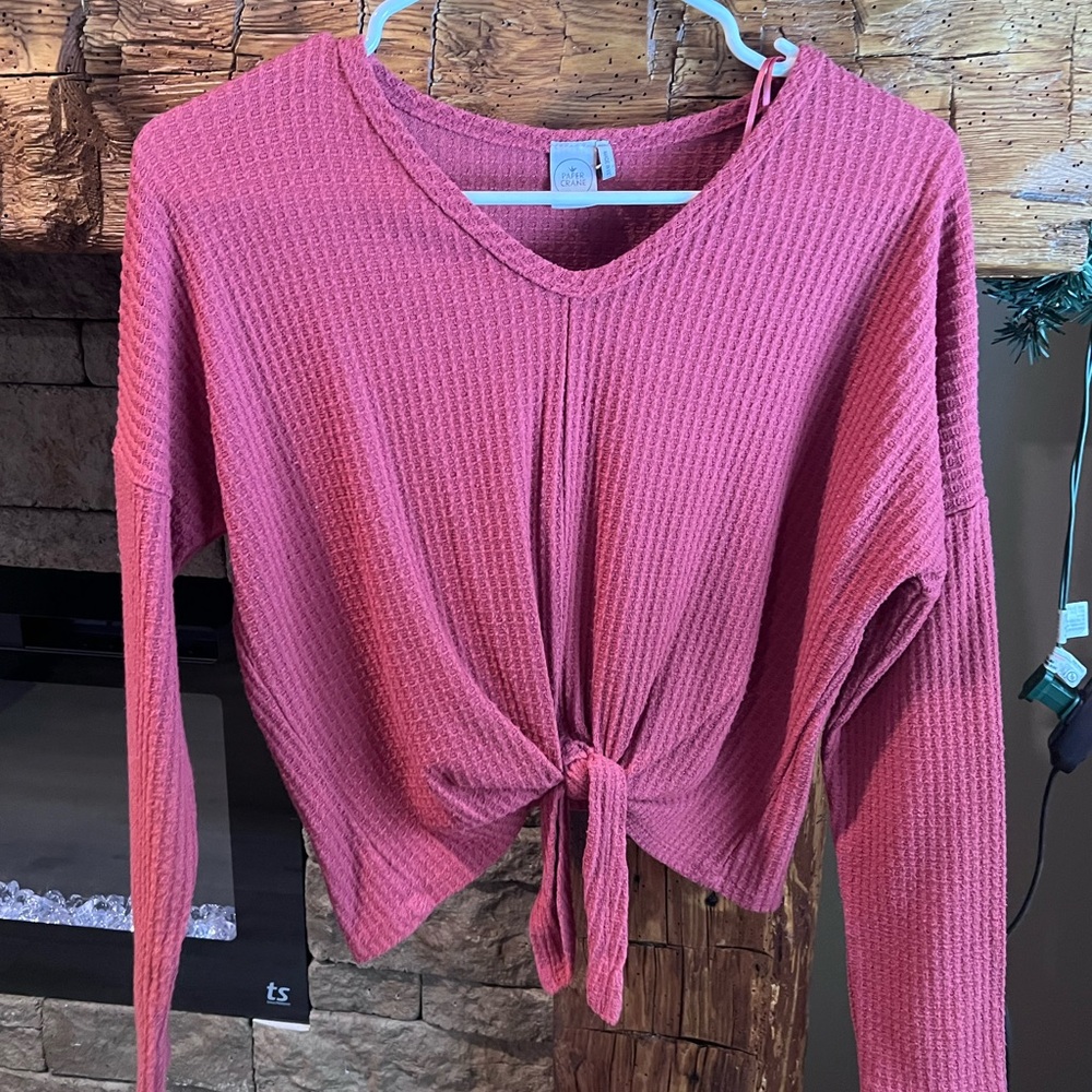 Women's Pink Waffle Knit Tie-Front Top